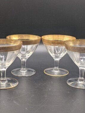 Tiffin Franciscan Low Sherbet Glass Optic Rambler Rose Crystal Gold Rim Set of 4